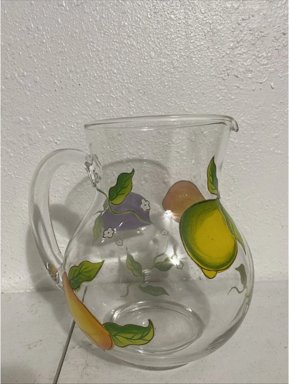 Glass Hand Painted Fruit  Water Juice Pitcher Glasses Fall Summer Colorful Clear